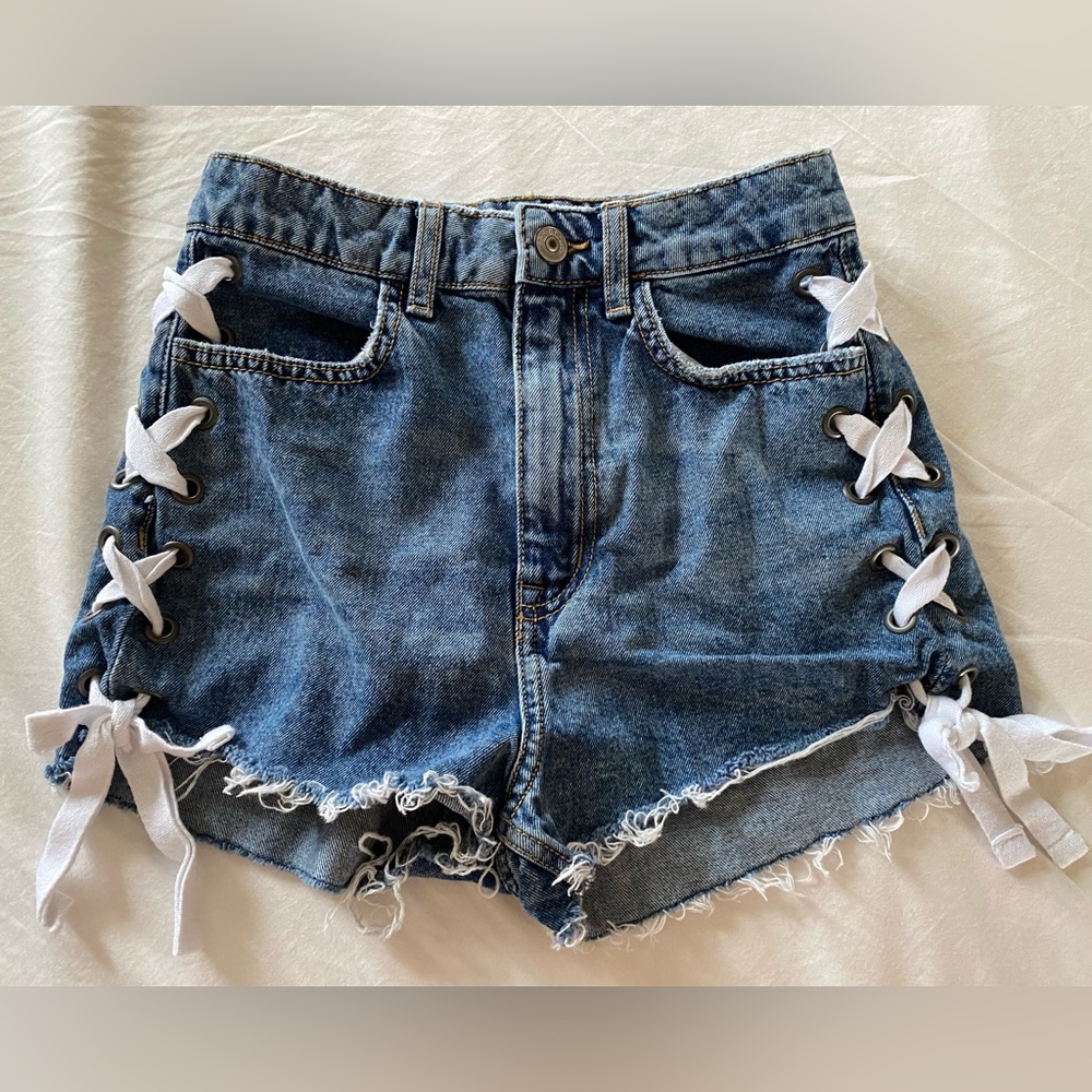Divided Blue Jean Shorts with White Lace-Up Sides
